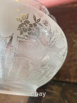 Antique Deep Etched Glass Victorian Gas Shade Crown Top 4 Thistles Roses Birds