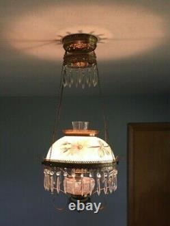 Antique Dome Milk Glass Painted Shade Hanging Oil Lamp Light Chandelier