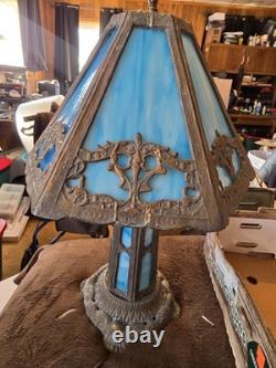 Antique E. F. Industries Blue Slag Glass Table Lamp Hexagonal Shade Very Heavy