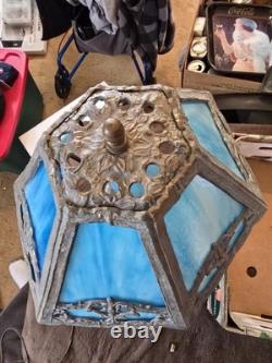 Antique E. F. Industries Blue Slag Glass Table Lamp Hexagonal Shade Very Heavy