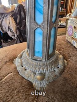 Antique E. F. Industries Blue Slag Glass Table Lamp Hexagonal Shade Very Heavy