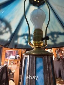 Antique E. F. Industries Blue Slag Glass Table Lamp Hexagonal Shade Very Heavy