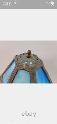 Antique E. F. Industries Blue Slag Glass Table Lamp Hexagonal Shade Very Heavy