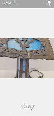 Antique E. F. Industries Blue Slag Glass Table Lamp Hexagonal Shade Very Heavy