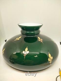 Antique Emeralite Green Glass Shade Gold Flur-de-lis pattern