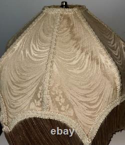 Antique Fabric Fringed Lamp Shade Cream Damask Octagonal with Harp 18 Diameter
