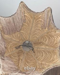 Antique Fabric Fringed Lamp Shade Cream Damask Octagonal with Harp 18 Diameter