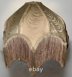 Antique Fabric Fringed Lamp Shade Cream Damask Octagonal with Harp 18 Diameter