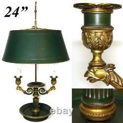 Antique French Bouillotte Candle Lamp, 2nd Empire Period 2-Branch, Tole Shade
