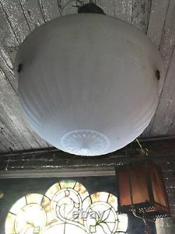 Antique Frosted Milk Glass Inverted Bowl Chandelier Embossed Ribbon Pattern