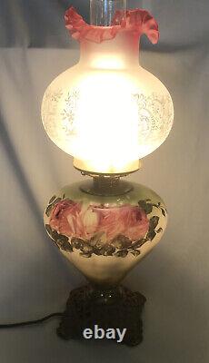 Antique GWTW Victorian Parlor Lamp Electric Cranberry Etched Satin Glass Shade