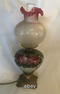 Antique GWTW Victorian Parlor Lamp Electric Cranberry Etched Satin Glass Shade