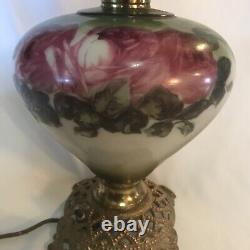 Antique GWTW Victorian Parlor Lamp Electric Cranberry Etched Satin Glass Shade