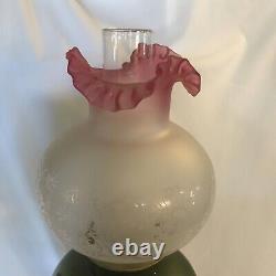 Antique GWTW Victorian Parlor Lamp Electric Cranberry Etched Satin Glass Shade