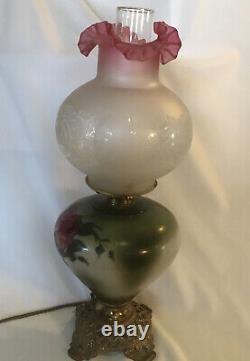 Antique GWTW Victorian Parlor Lamp Electric Cranberry Etched Satin Glass Shade