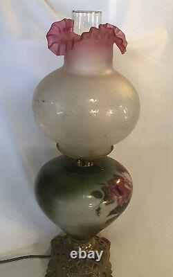 Antique GWTW Victorian Parlor Lamp Electric Cranberry Etched Satin Glass Shade