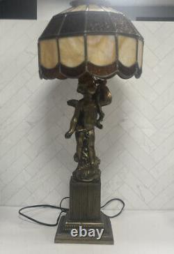 Antique Gold Cherub Baby Angel Heavy Lamp with Stained Glass Shade 26 Sold AS IS