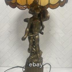 Antique Gold Cherub Baby Angel Heavy Lamp with Stained Glass Shade 26 Sold AS IS