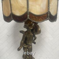 Antique Gold Cherub Baby Angel Heavy Lamp with Stained Glass Shade 26 Sold AS IS