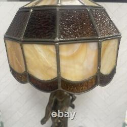 Antique Gold Cherub Baby Angel Heavy Lamp with Stained Glass Shade 26 Sold AS IS