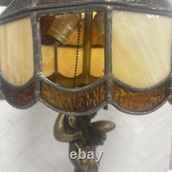 Antique Gold Cherub Baby Angel Heavy Lamp with Stained Glass Shade 26 Sold AS IS