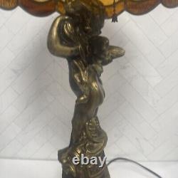 Antique Gold Cherub Baby Angel Heavy Lamp with Stained Glass Shade 26 Sold AS IS