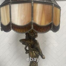 Antique Gold Cherub Baby Angel Heavy Lamp with Stained Glass Shade 26 Sold AS IS