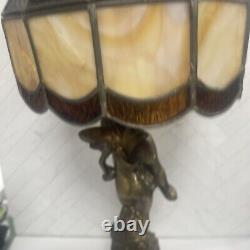 Antique Gold Cherub Baby Angel Heavy Lamp with Stained Glass Shade 26 Sold AS IS