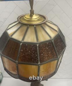 Antique Gold Cherub Baby Angel Heavy Lamp with Stained Glass Shade 26 Sold AS IS