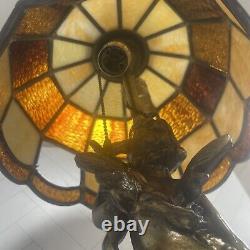 Antique Gold Cherub Baby Angel Heavy Lamp with Stained Glass Shade 26 Sold AS IS