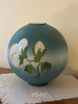 Antique Hand Painted GWTW 12 Globe Lamp Shade Aqua w Cotton Flowers 4 Fitter