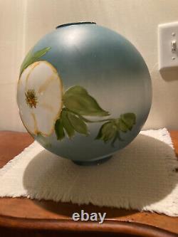 Antique Hand Painted GWTW 12 Globe Lamp Shade Aqua w Cotton Flowers 4 Fitter