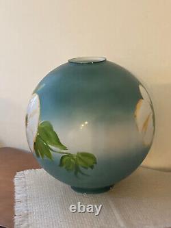 Antique Hand Painted GWTW 12 Globe Lamp Shade Aqua w Cotton Flowers 4 Fitter