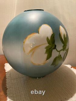 Antique Hand Painted GWTW 12 Globe Lamp Shade Aqua w Cotton Flowers 4 Fitter