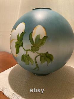 Antique Hand Painted GWTW 12 Globe Lamp Shade Aqua w Cotton Flowers 4 Fitter