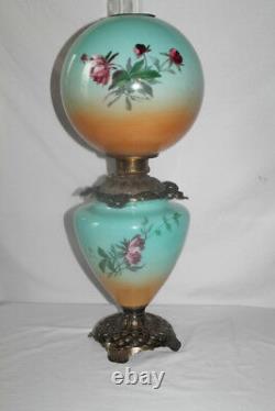 Antique Hand Painted Gone with the Wind Oil Lamp with WILD ROSES RARE 12 Shade