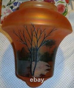 Antique Hand Painted Winter Scene Acorn Beehive Globe Shade Marigold Frosted