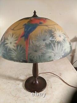 Antique Handel 3 socket lamp base withreverse painted parrot shade