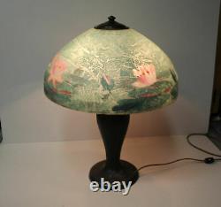 Antique Handel Lamp with Reverse Painted Water Lily Shade