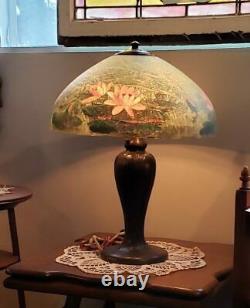 Antique Handel Lamp with Reverse Painted Water Lily Shade