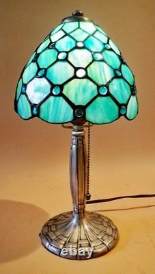 Antique Handel Silver Plated Arts & Crafts Boudoir Lamp New Stain Glass Shade