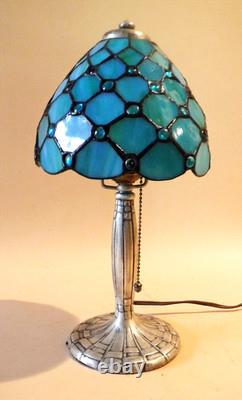 Antique Handel Silver Plated Arts & Crafts Boudoir Lamp New Stain Glass Shade