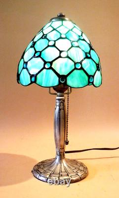 Antique Handel Silver Plated Arts & Crafts Boudoir Lamp New Stain Glass Shade