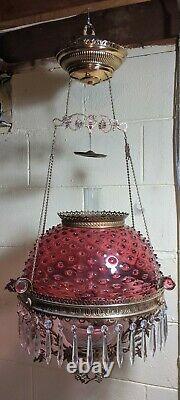 Antique Hanging Oil Lamp Jeweled Frame Cranberry Hobnail Shade