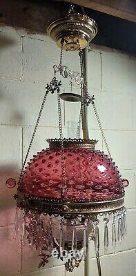 Antique Hanging Oil Lamp Jeweled Frame Cranberry Hobnail Shade