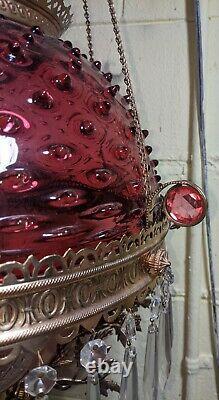 Antique Hanging Oil Lamp Jeweled Frame Cranberry Hobnail Shade