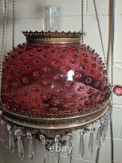 Antique Hanging Oil Lamp Jeweled Frame Cranberry Hobnail Shade