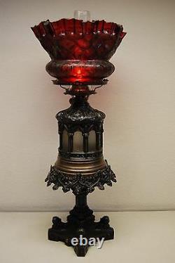 Antique Iden Gothic Boston Sandwich Ruby Red Glass Shade Kerosene Oil Gwtw Lamp