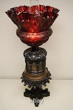 Antique Iden Gothic Boston Sandwich Ruby Red Glass Shade Kerosene Oil Gwtw Lamp