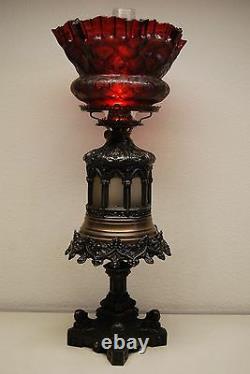 Antique Iden Gothic Boston Sandwich Ruby Red Glass Shade Kerosene Oil Gwtw Lamp